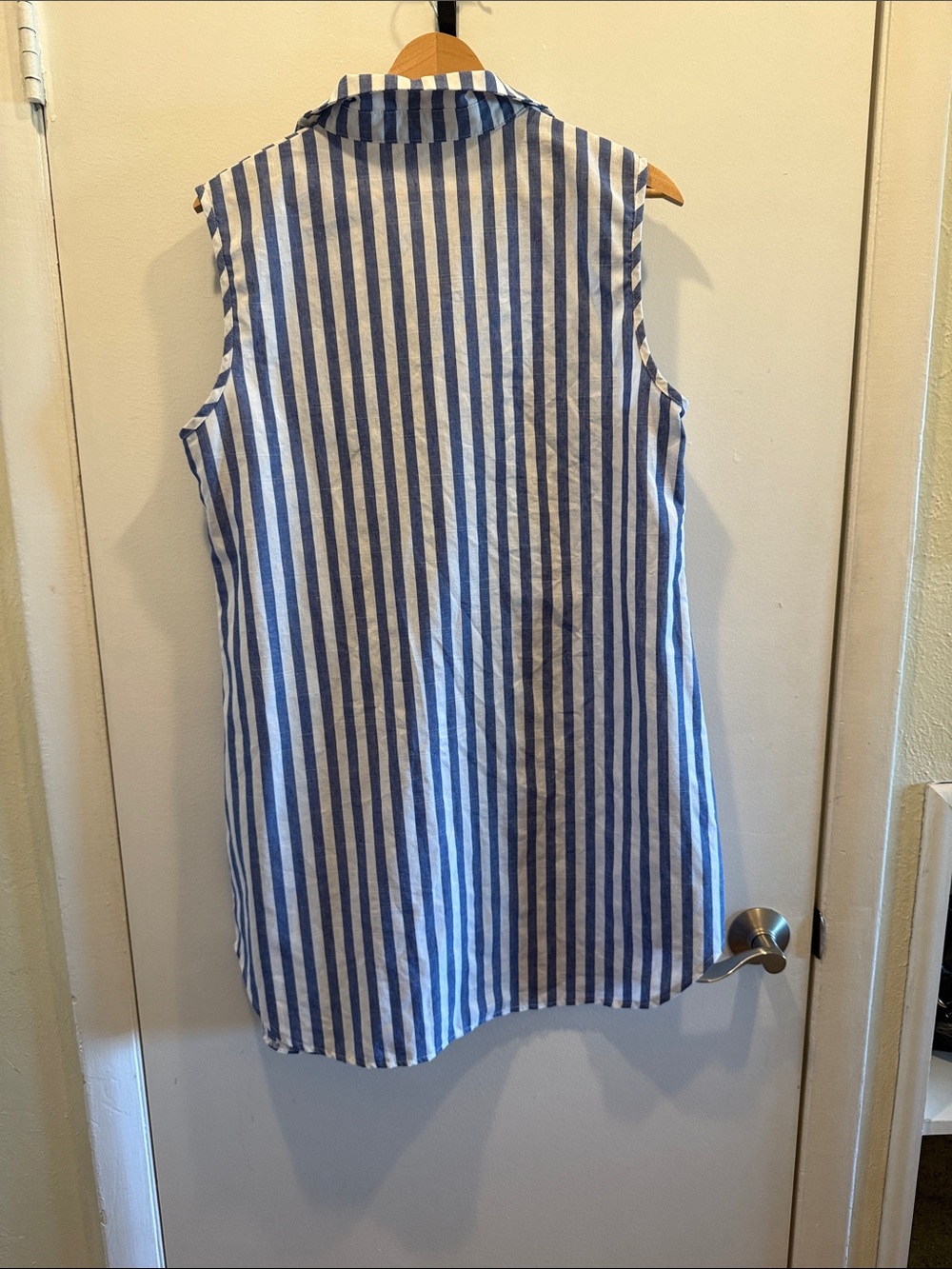 Sleeveless Blue and White Striped Midi Shirt Dress - Picture 2 of 3